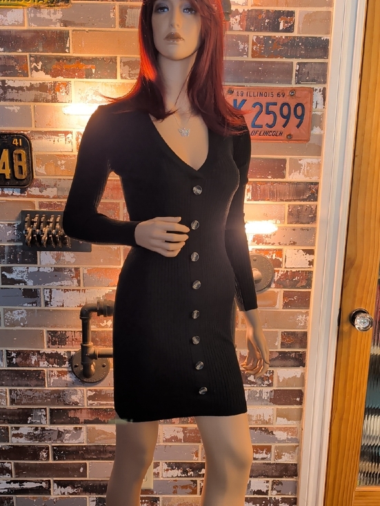 Poof! Dresses & Skirts - Poof! Black Long Sleeve Button-Front Ribbed Dress Small